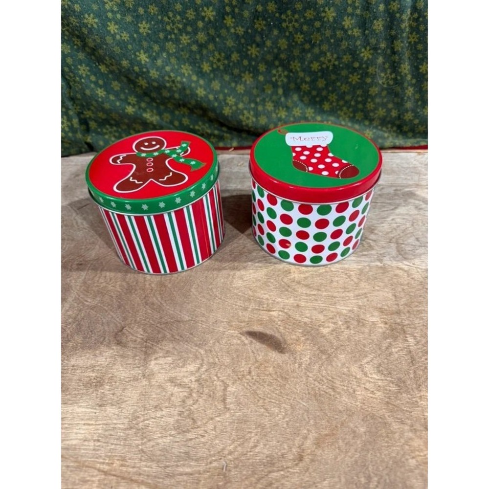 Christmas Holiday Round Tin Canisters 2Pc Gingerbread & Stocking